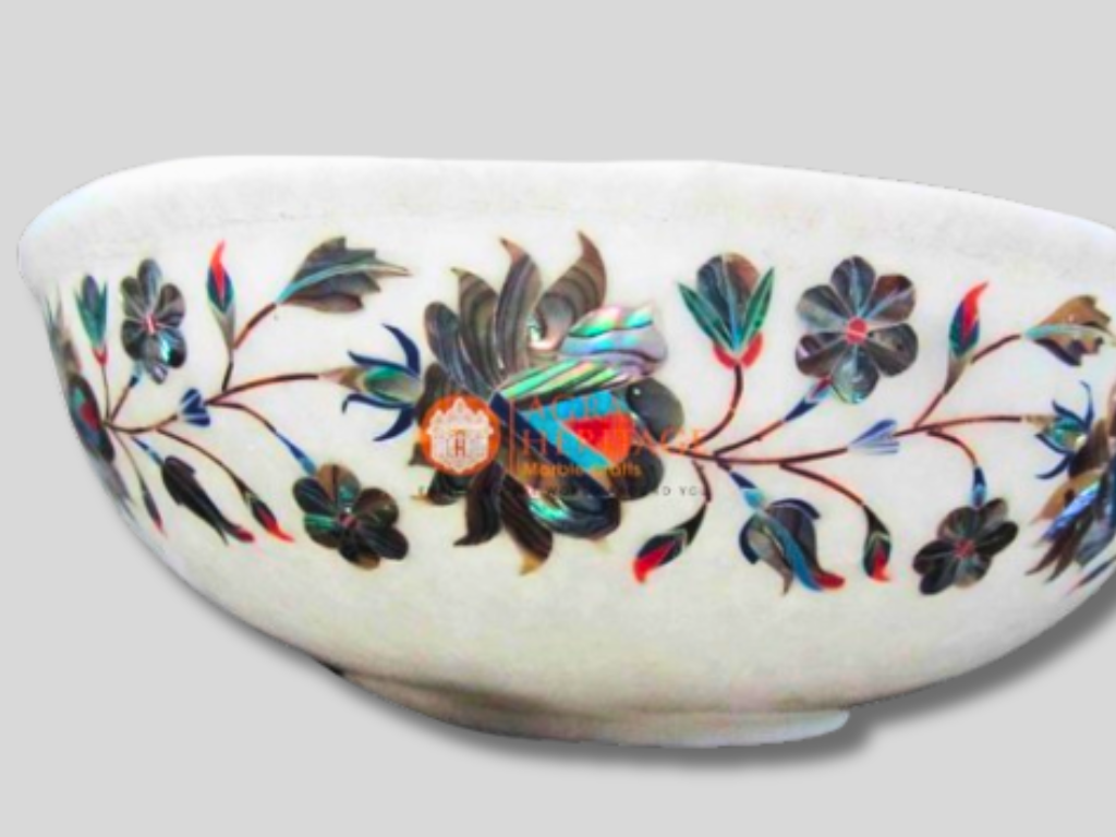 Abalone Pauashell Stone Inlay Floral Work Serving Bowl